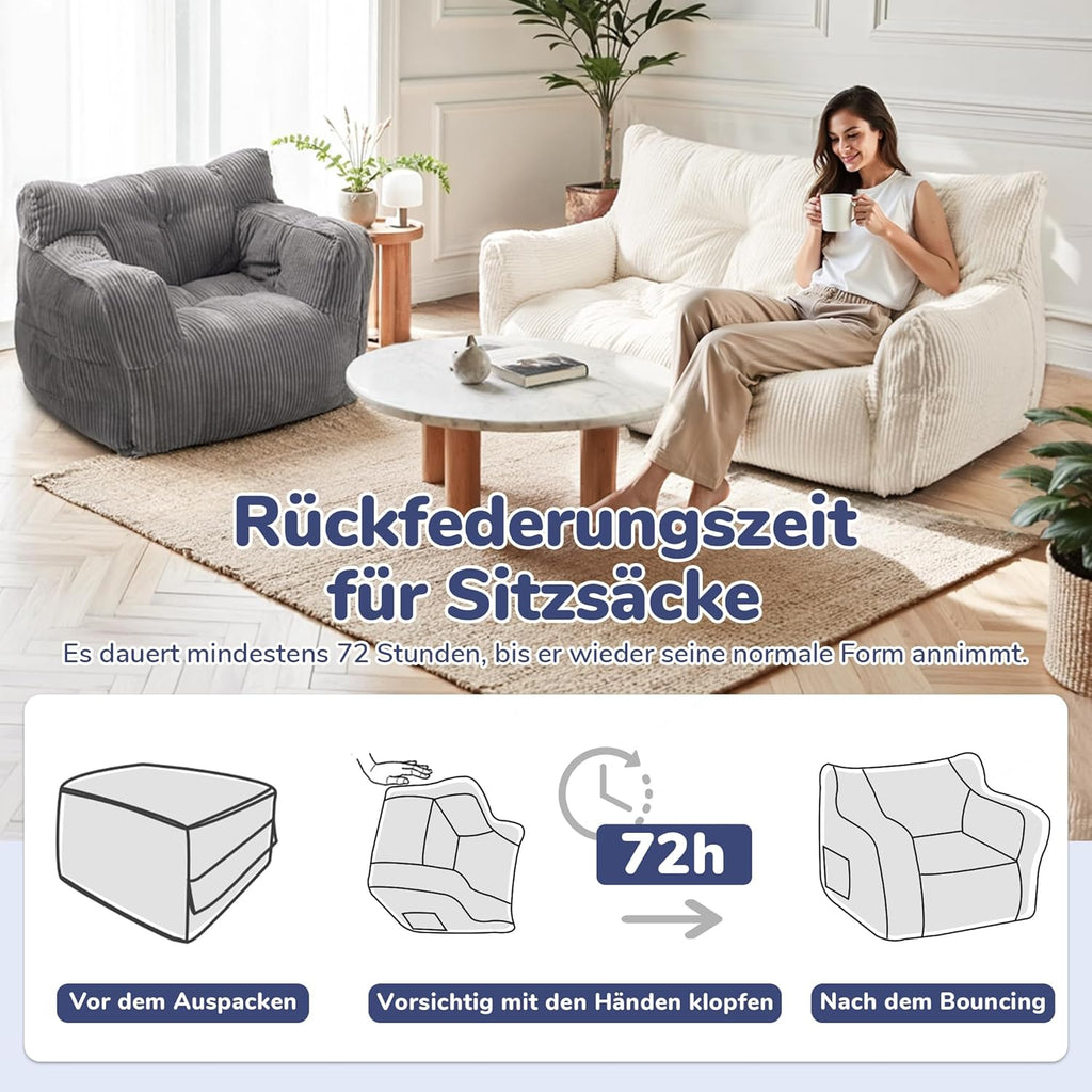 Puf Pamapic, puf para adultos con relleno, sillón doble tipo lounge con asa portátil, puf ergonómico moderno, silla tipo puf para interiores para salón, dormitorio, sala de juegos, beige