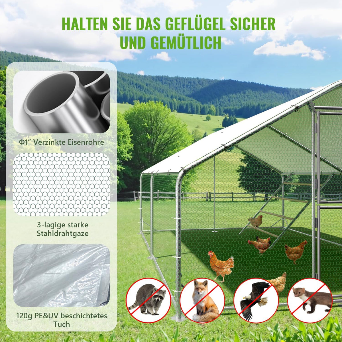 Gallinero de metal con recinto exterior y techo CC3X4X2, 3x4x2 m, resistente a la intemperie, para 10 a 20 gallinas, incluye escalera de descanso y accesorios