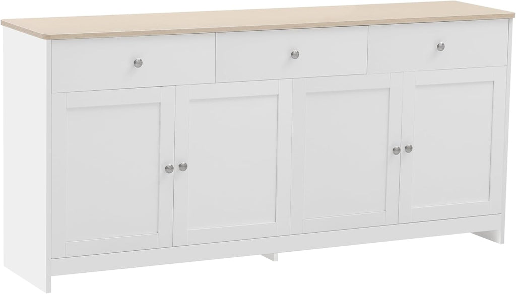Aparador Ymkua, buffet, cómoda para salón y comedor, armario de almacenamiento con 4 puertas y 3 cajones, armario de salón moderno, 160x37x75 cm, madera y blanco