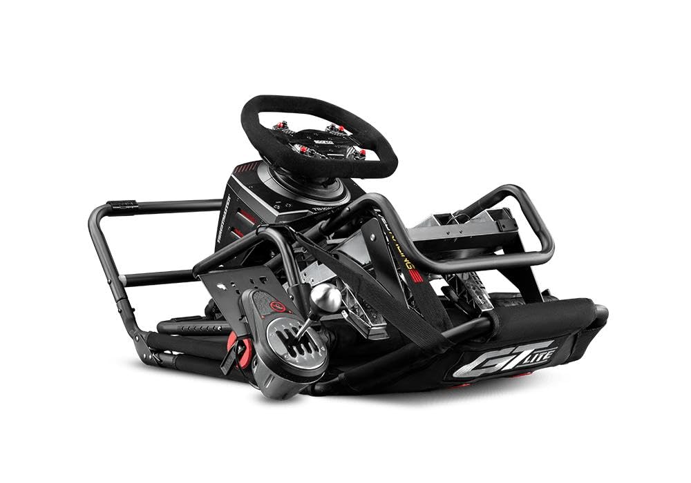 Cabina de simulación de carreras GTLite, soporte plegable ajustable para volante, pedales y palanca de cambios, diseño compacto y fácil de almacenar.