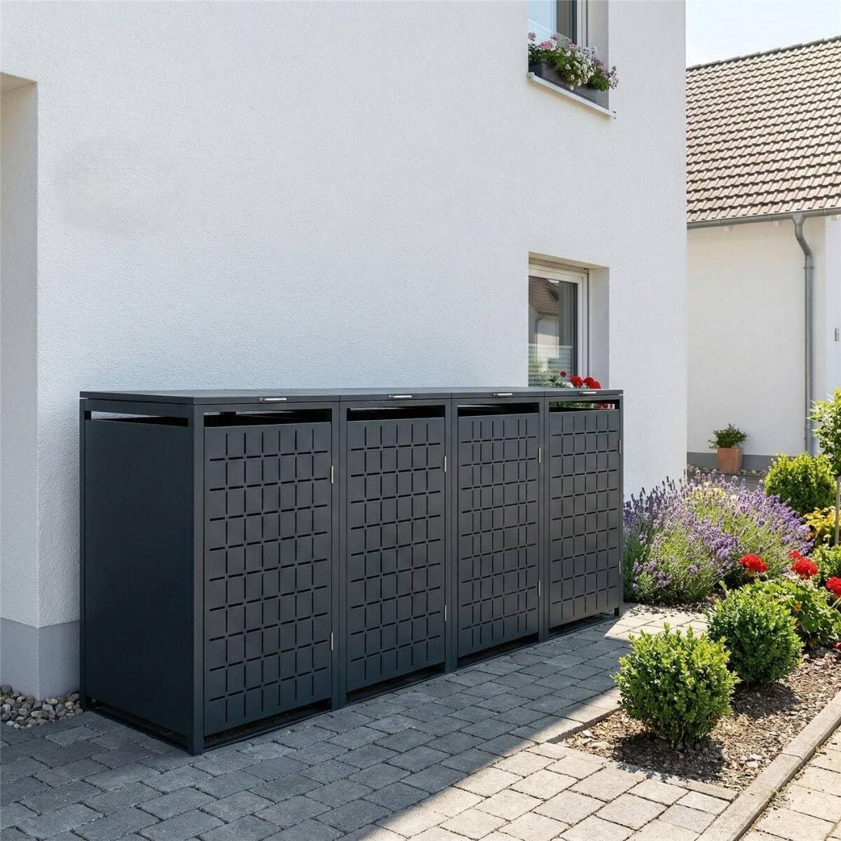 Cubo para basura Metzler para 4 contenedores de 240L, color antracita con patrón cuadrado, revestimiento metálico para 4 cubos con cierre, cuatro contenedores con recubrimiento en polvo y resistentes a la intemperie con tapa automática | Geo