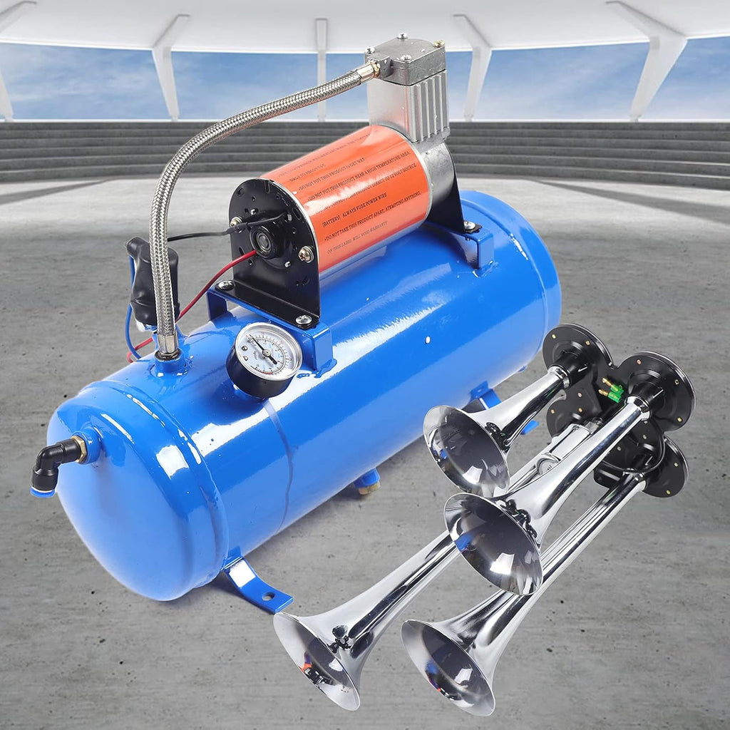 Kit de bocina de aire de 4 trompetas, 6 litros, con compresor de aire de 150 PSI, bocina neumática universal