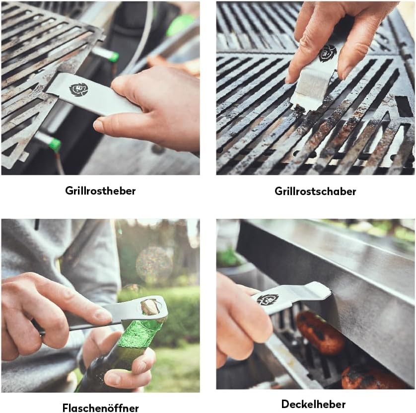 Barbacoa de gas para camping BURNHARD® JONES, barbacoa plegable de acero inoxidable con tapa, 2 quemadores, 6,4 kW, incluye bolsa de transporte con función de mochila y herramienta multiusos, barbacoa plegable ideal para camping