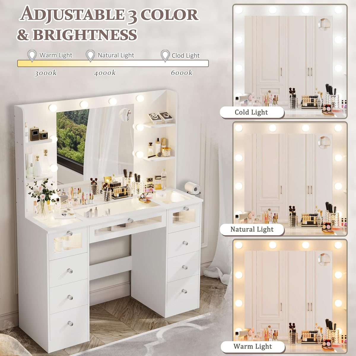 Tocador blanco con espejo iluminado de 23.5”, escritorio con cubierta de vidrio, 9 cajones, 3 colores de luces tipo Hollywood, 4 repisas, acrílico y toma de corriente, mesa de maquillaje para dormitorio