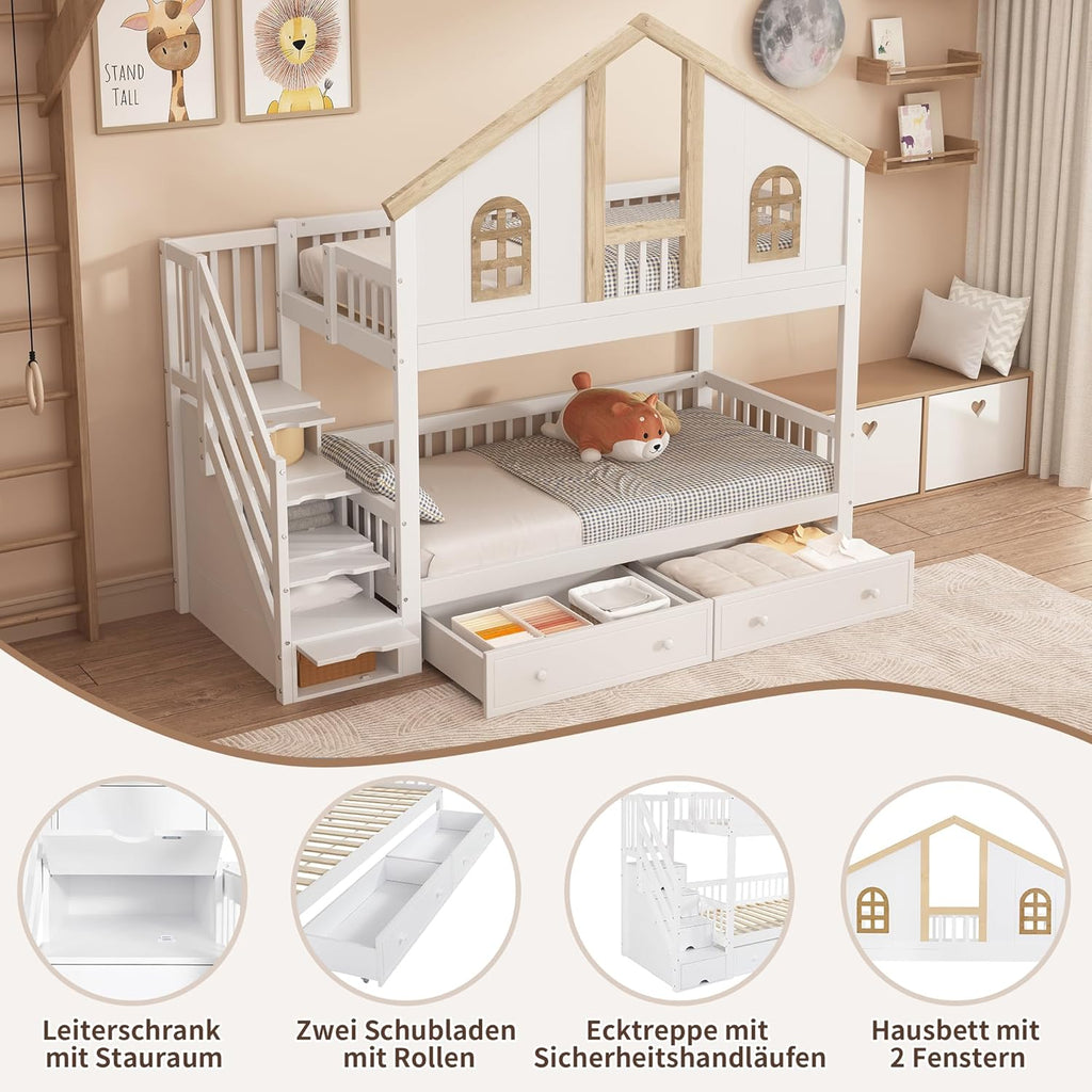 Cama alta Merax 90x200cm, litera infantil para 2 niños, cama casita con escalera, almacenaje y cajones, cama tipo casa del árbol con ventana y techo, protección anticaídas y somier, pino+MDF, sin colchón, blanca