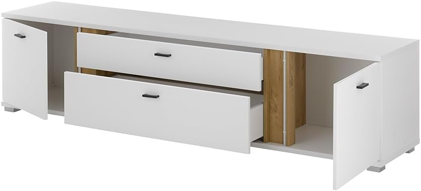 Set de mueble de salón Lomadox de 4 piezas, muebles de sala en blanco y roble, estilo moderno, incluye 1 vitrina, 1 armario alto, 1 mueble bajo, 1 estante de pared e iluminación LED.