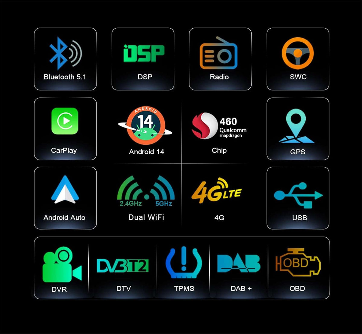Autoradio Erisin Qualcomm 8 núcleos 8GB+128GB Android 14 Universal 2Din GPS 7 pulgadas estéreo pantalla táctil Bluetooth 5.1 inalámbrico CarPlay Android Auto DAB+ AM FM Radio IPS RDS DSP WiFi 4G TPMS OBD TNT
