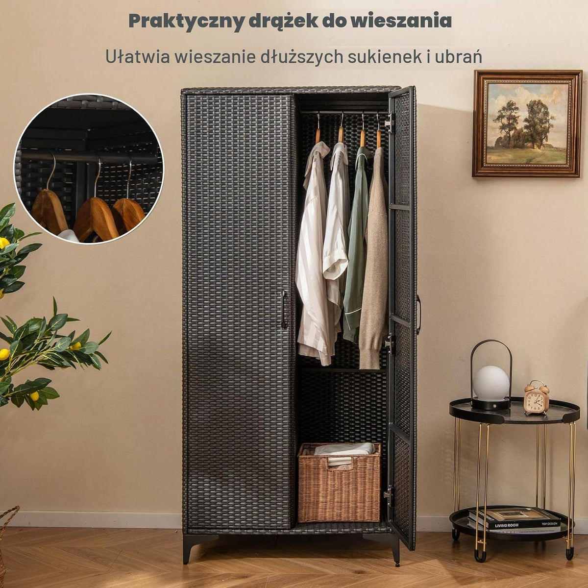 COSTWAY Szafka ogrodowa, rattanowa, szafa na ubrania, szafka do przechowywania na zewnątrz, z drążkiem wiszącym i 2 drzwiami, odporna na warunki atmosferyczne, szafa tarasowa, szafka na narzędzia do