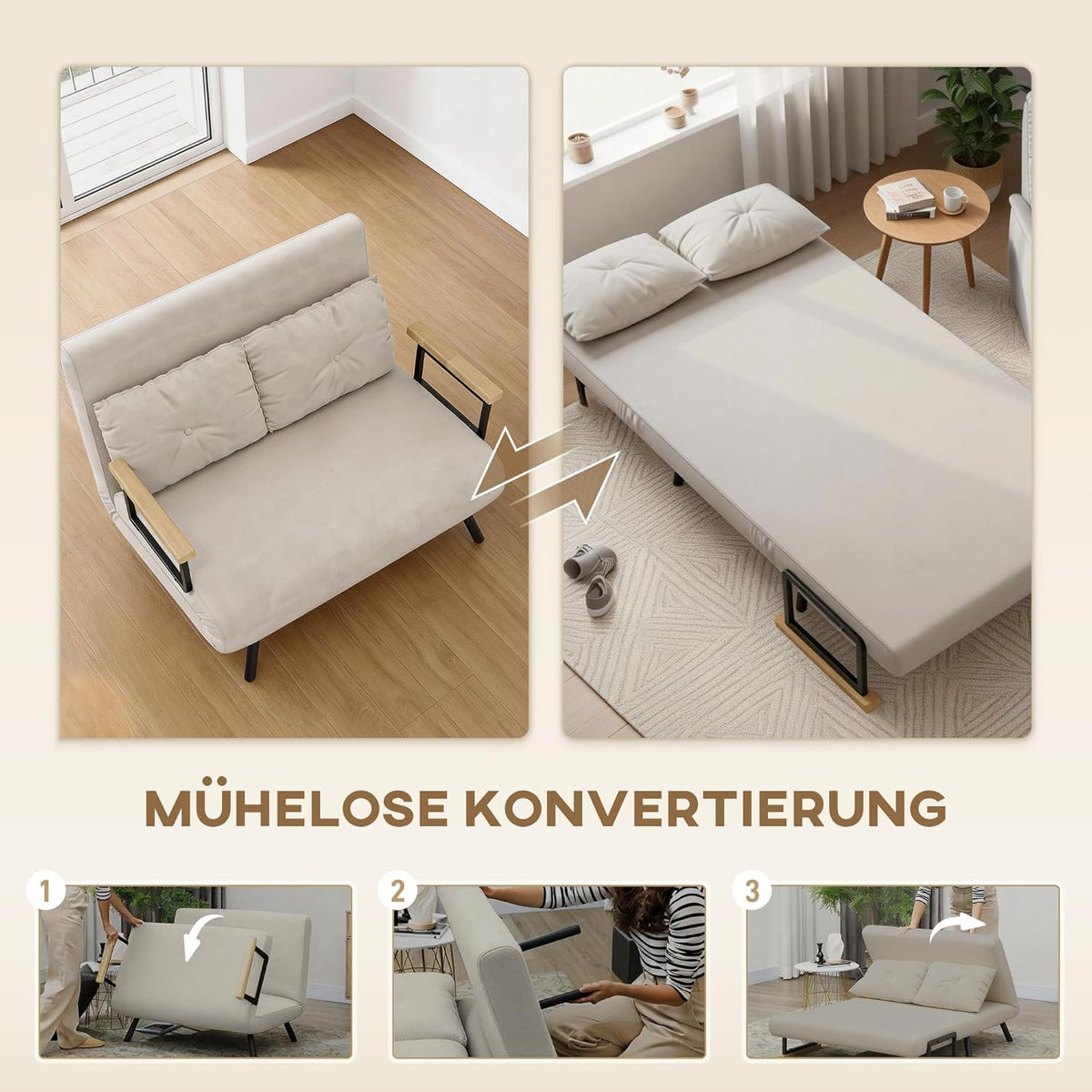 HOMCOM Sofá cama 4 en 1, sofá de 2 plazas con función de cama, 183 x 98,5 cm, sofá plegable con respaldo ajustable en 5 niveles, cojín lumbar y aspecto de terciopelo para salón, beige