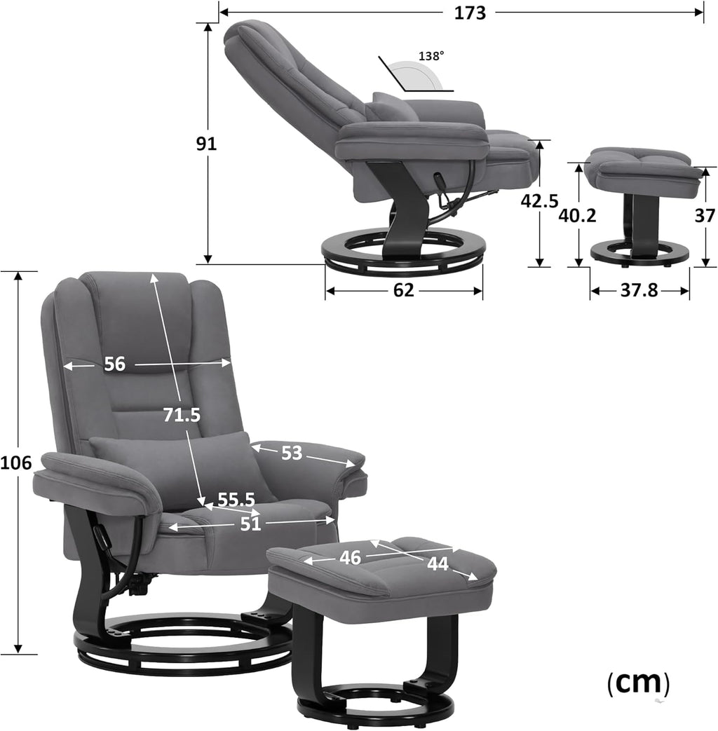 MCombo Sillón relax con función reclinable, sillón de lectura, sillón de TV giratorio 360°, con taburete, cojín y bolsillo lateral, sillón de TV para salón con capacidad de carga de hasta 120 kg, 9099 (microfibra, gris)