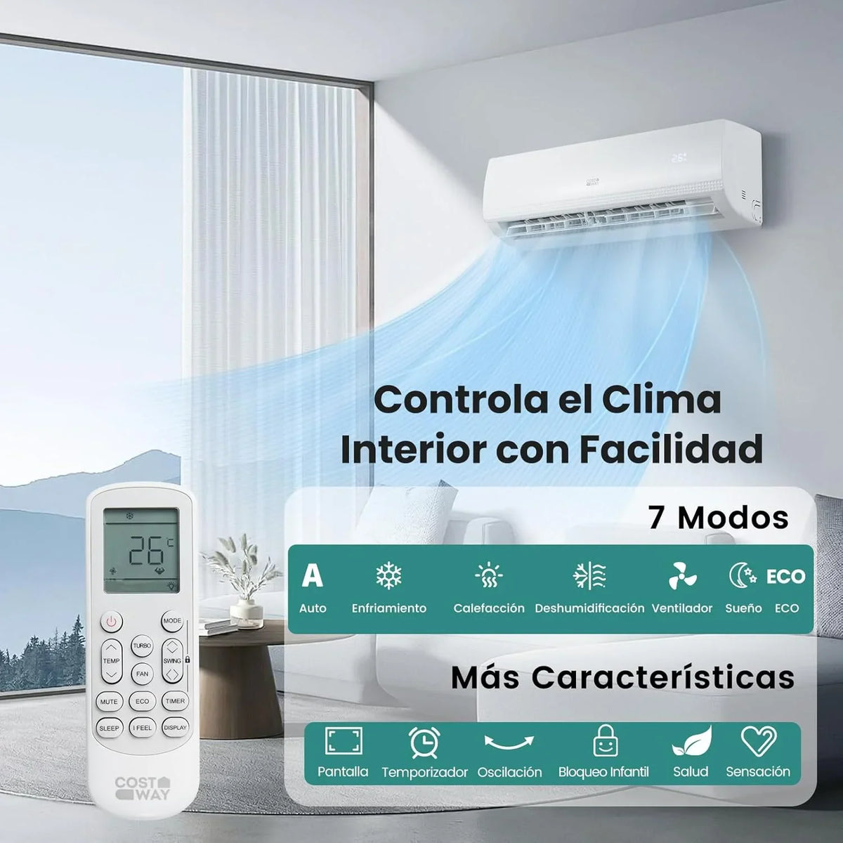 COSTWAY Aire Acondicionado Split, 2,6 kW, Aire Acondicionado con Calefacción con Bomba de Calor, Refrigerante: R32, Calefactor y Refrigerador con Kit de Instalación para Habitación de hasta 70m³ (9000BTU)