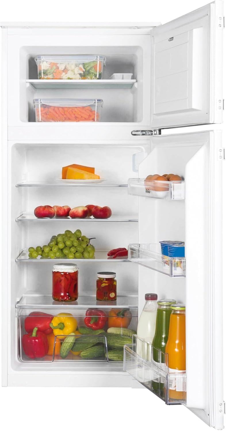Frigorífico combi integrable Amica de doble puerta con congelador superior para nicho de 122 cm, sistema de puerta deslizante, compresor Inverter, control electrónico, alarma de puerta abierta