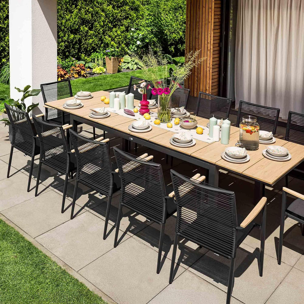 Mesa de jardín extensible Barleta de di volio 200–300 cm de aluminio con efecto madera, mesa resistente a la intemperie para jardín y terraza (beige)