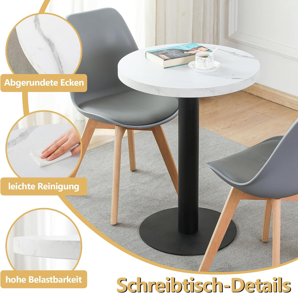 Mesa de comedor Mingone pequeña y redonda de 60 cm, mesa de cocina con tablero de mármol y pata metálica para salón, balcón y comedor, blanca
