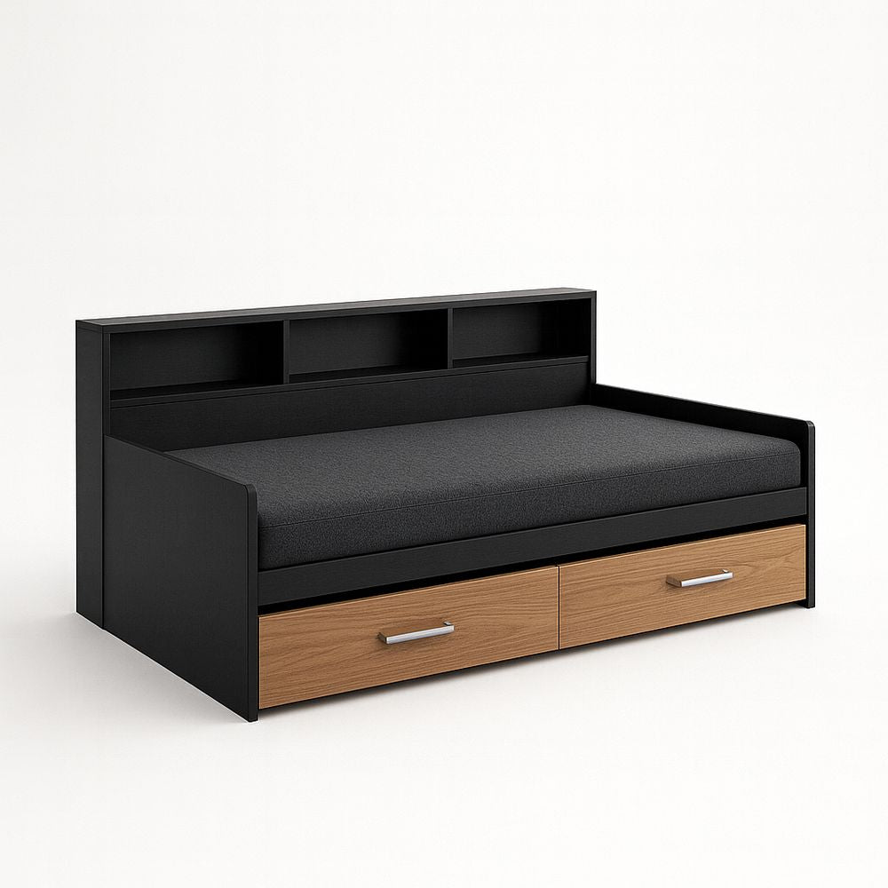 Cama diván de madera con cajones y estante