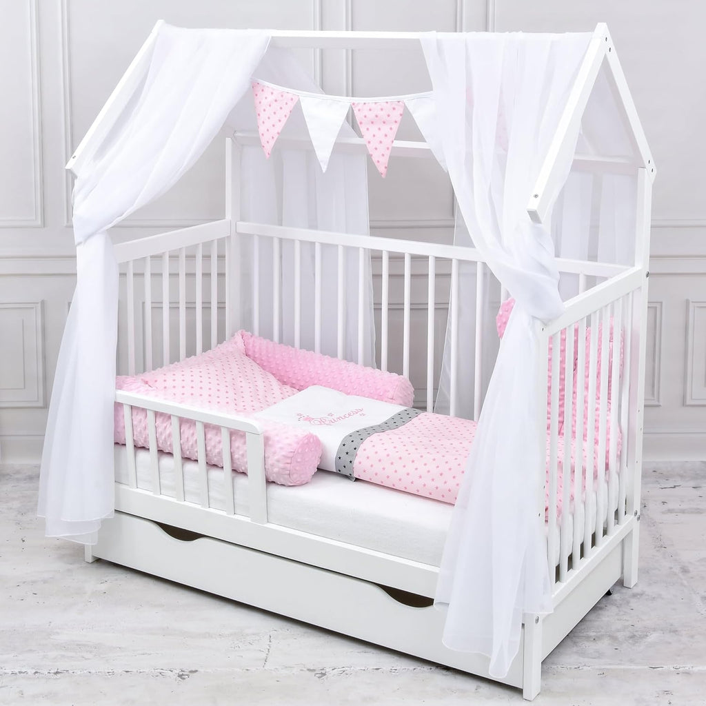 Set completo de cuna Baby Delux, cama casita de 60x120 cm, color blanco, con cajón, barrera anticaídas, colchón, ropa de cama y set de decoración (Prince Stars)