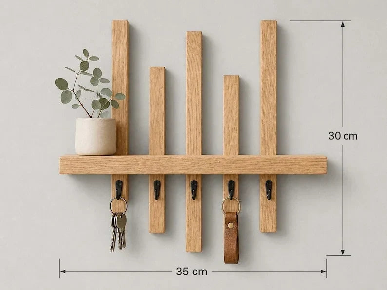 Estante de pared de roble macizo con ganchos negros, llavero para entrada, 35x30x9 cm, lacado mate