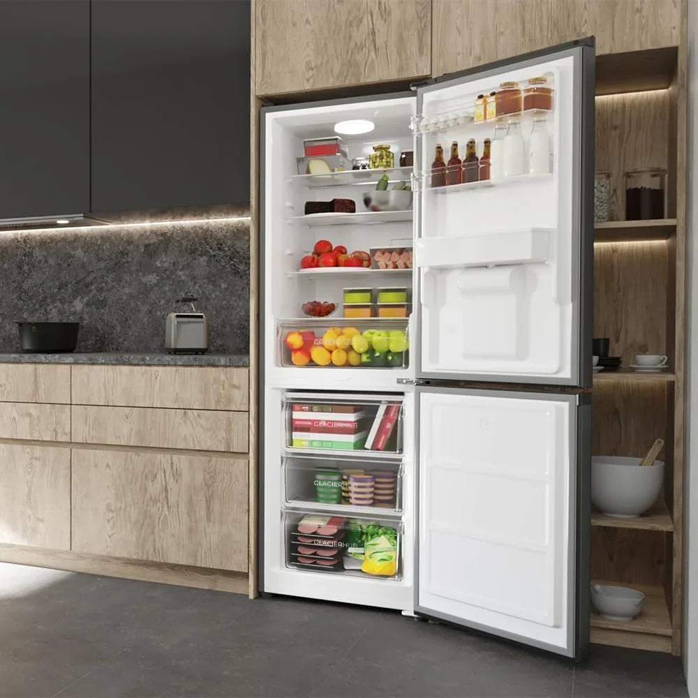 Frigorífico Combi Cecotec de 2 puertas con dispensador de agua Bolero CoolMarket Combi 296 DF WD Dark E. 296 L, 60 cm de ancho, funciones FastCooling, FastFreezing y DeFrost, luz LED interior, Dark Inox