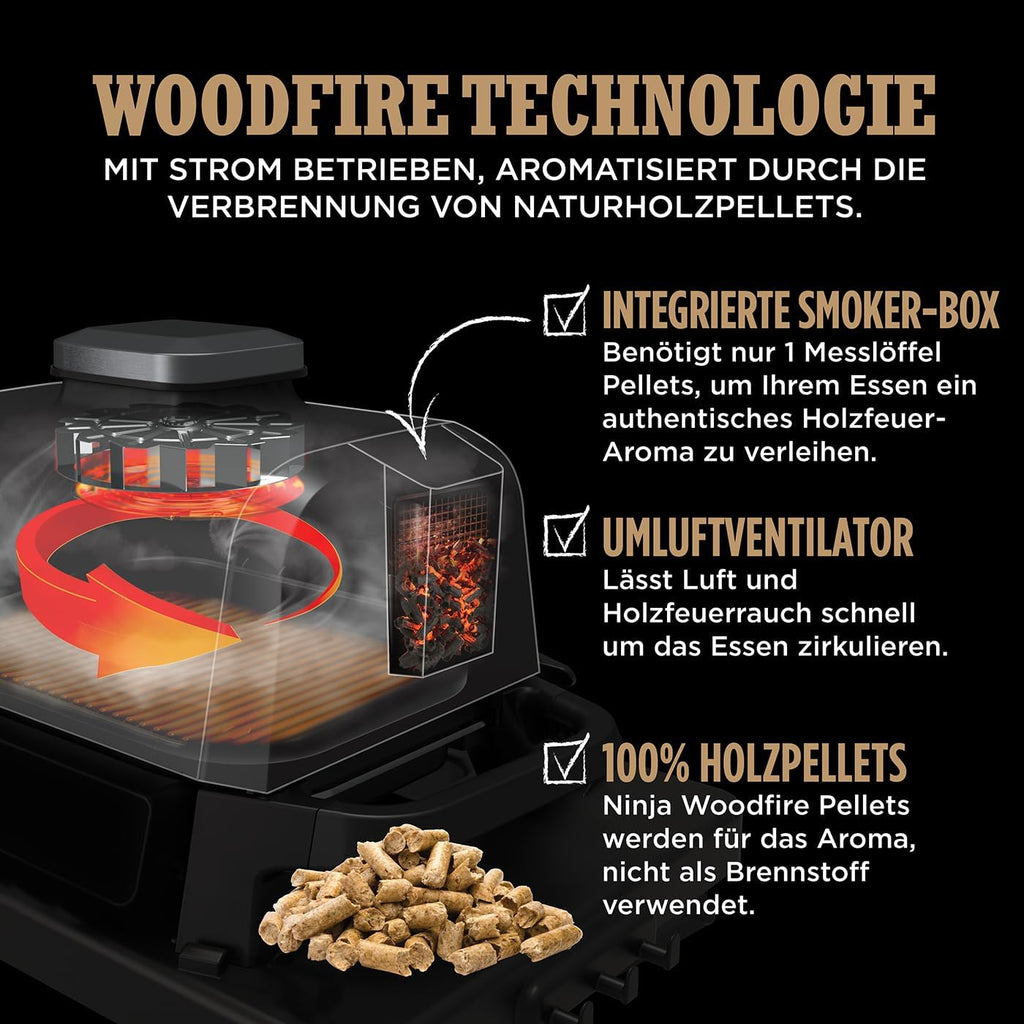 Ninja Woodfire Parrilla eléctrica, ahumador y freidora de aire, barbacoa para exteriores 7 en 1, freír con aire, ahumar, asar, hornear y más, resistente a la intemperie, antiadherente, portátil, eléctrica, gris/negro OG701EU