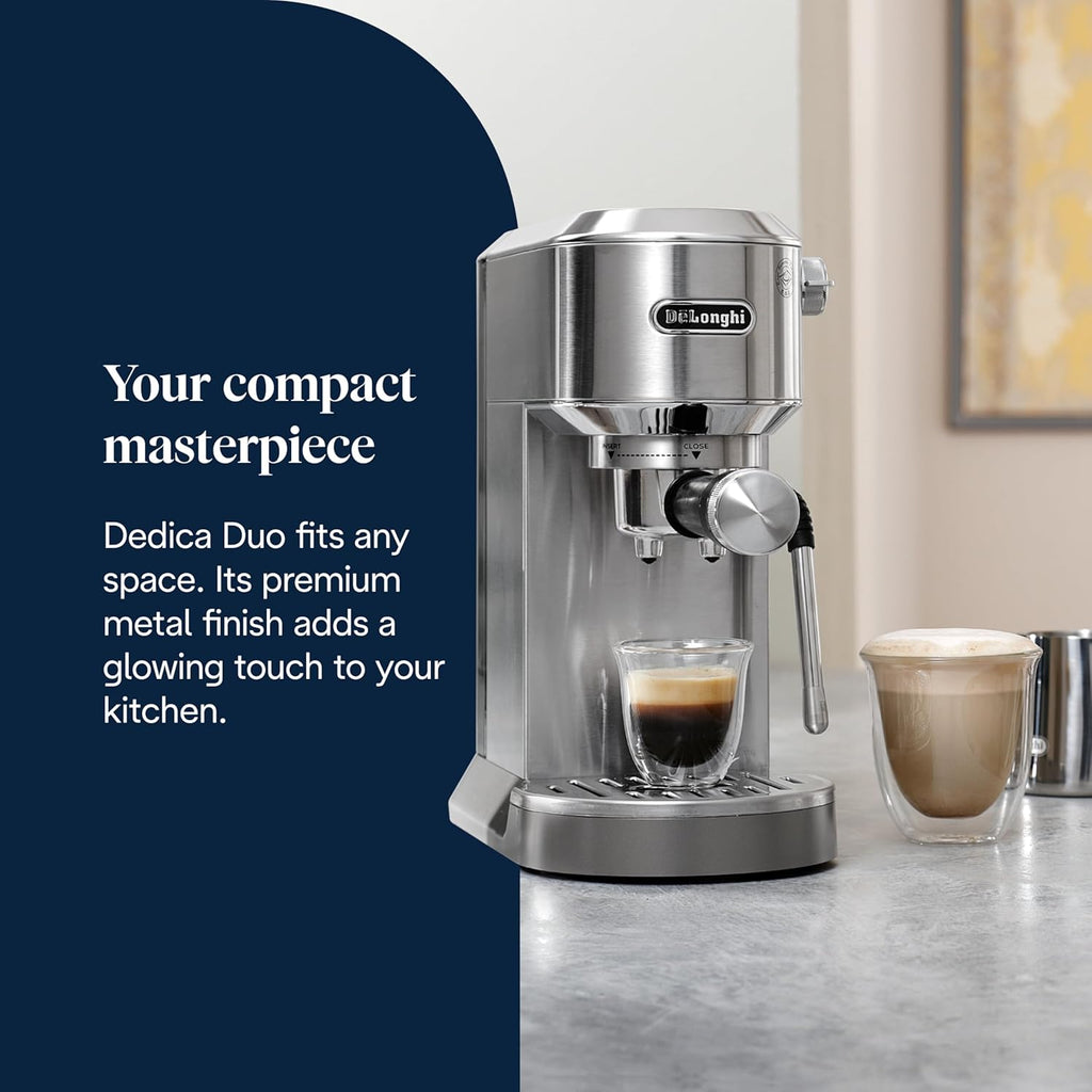 De'Longhi Dedica Duo - Cafetera de espresso de brazo compacta y perfecta con iconos táctiles, espumador de leche manual para espresso, capuchino y cold brew, 15 cm de ancho, metal (EC890.M)