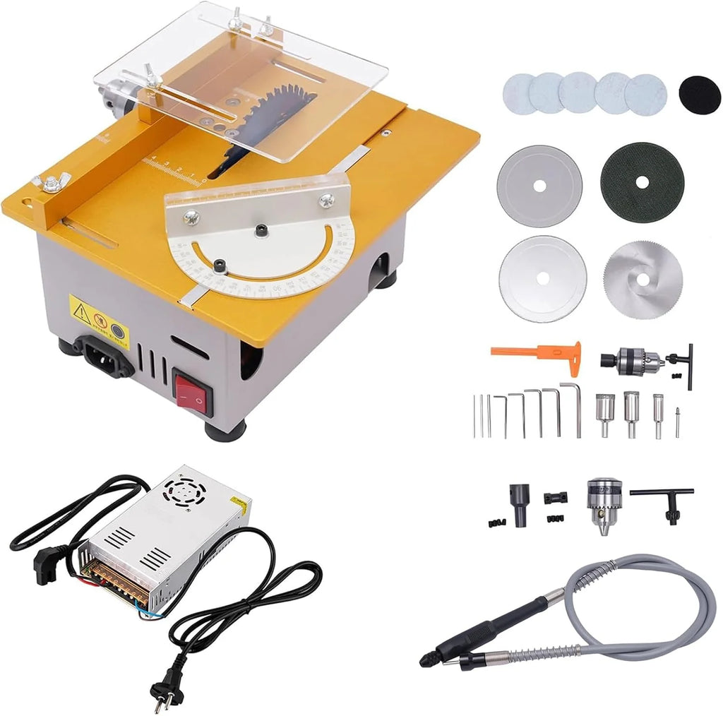 Mini stołowa pilarka tarczowa 300 W, wielofunkcyjna pilarka stołowa, przenośna, precyzyjna piła stołowa z 4 brzeszczotami, regulowana wysokość brzeszczotu, 9000 obr./min, do cięcia, szlifowania,
