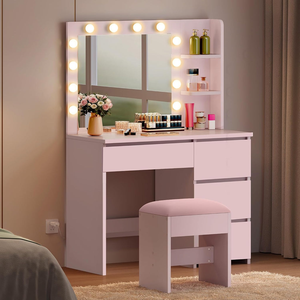 Tocador YITAHOME con iluminación, mesa de maquillaje con espejo y taburete, 3 colores con brillo ajustable, tocador con 4 cajones y compartimentos abiertos, mesa de tocador rosa