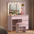 Tocador YITAHOME con iluminación, mesa de maquillaje con espejo y taburete, 3 colores con brillo ajustable, tocador con 4 cajones y compartimentos abiertos, mesa de tocador rosa