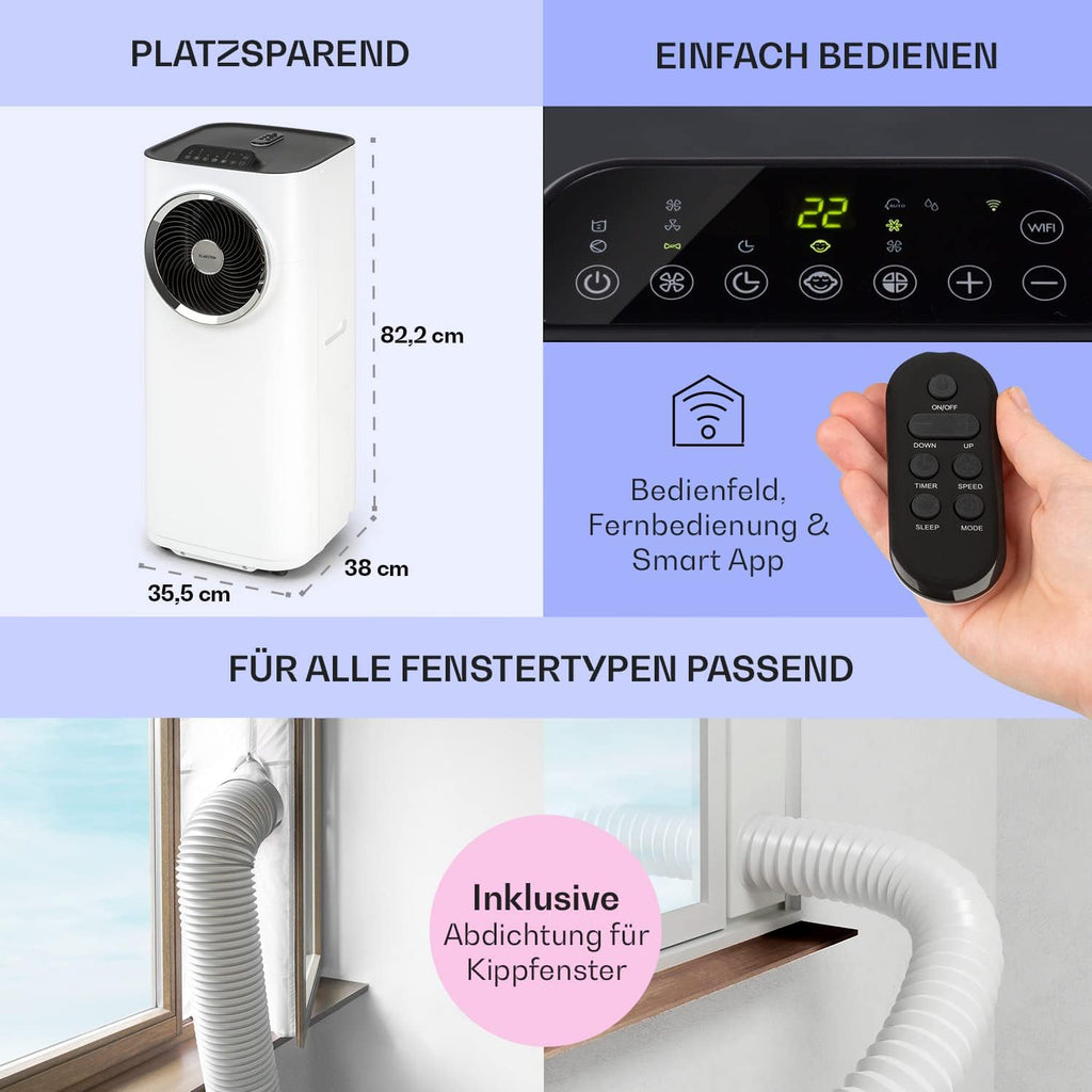 Acondicionador de aire portátil Klarstein con manguera de escape, unidad de climatización 5 en 1, ventilador, deshumidificador, purificador de aire y modo nocturno, control por aplicación, pequeño y portátil, para hogar y oficina, 12000 BTU