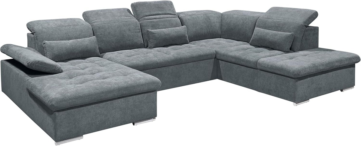 Sofá rinconera en forma de U Stella Trading WAYNE, tapicería de tela color antracita - Sofá extensible con función de cama y arcón - 340 x 81 (104) x 188 (240) cm (ancho/alto/fondo)