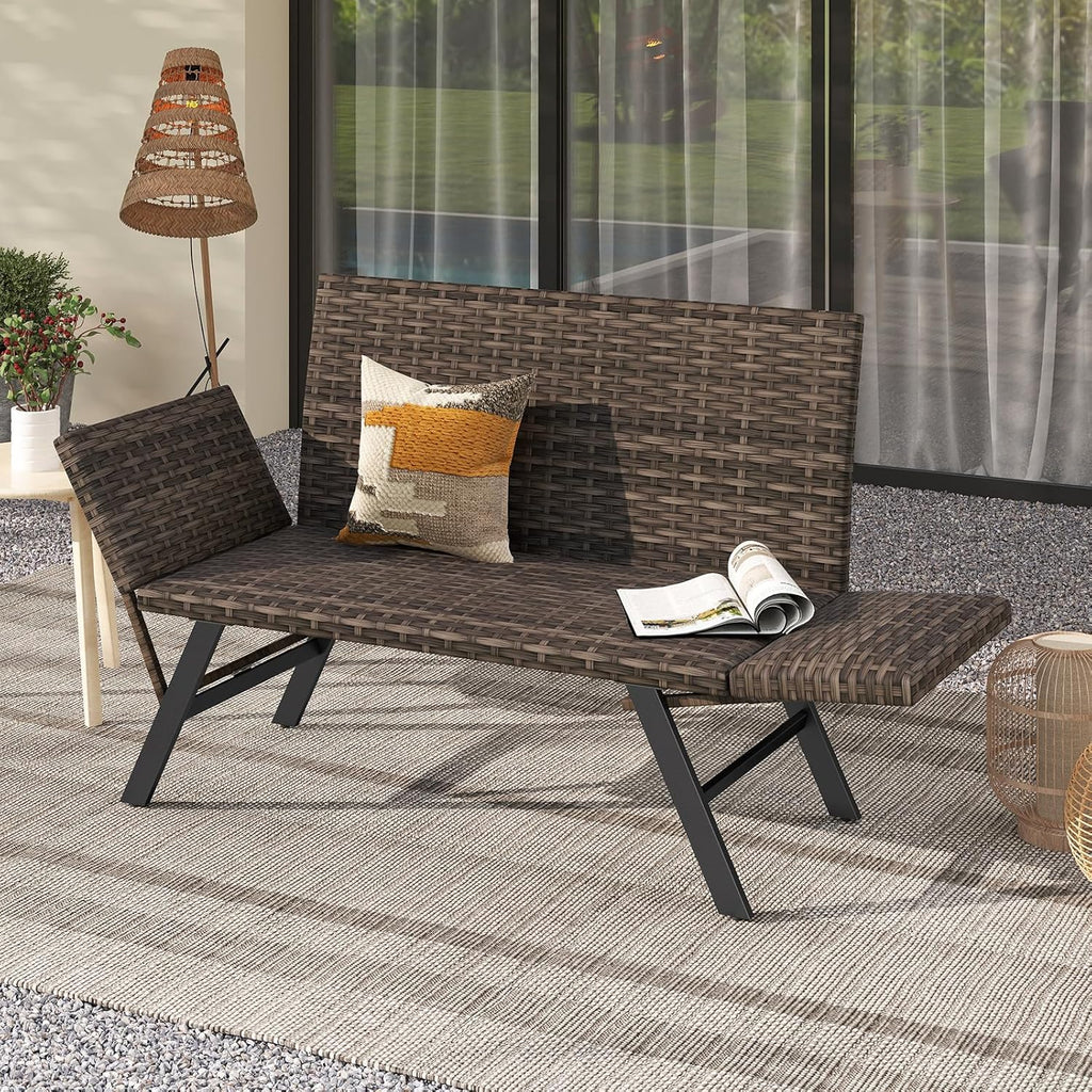 GIANTEX Sofá de jardín de ratán, banco de jardín con función de reclinado, sofá cama para exteriores con reposabrazos plegables, banco de balcón con acolchado de espuma de secado rápido, muebles de balcón, banco de tumbona para balcón