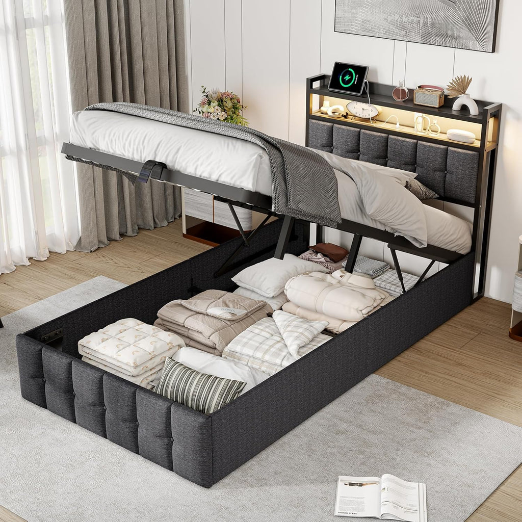 Marco de cama 90x200, cama boxspring con LED, cama individual con almacenamiento, cama tapizada hidráulica con almacenamiento, cama funcional, cama juvenil con USB, cama tapizada para 1 persona (gris + lino)