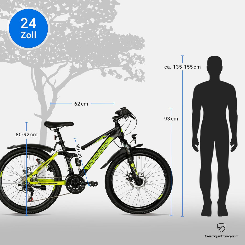 Bergsteiger Broome 24, bicicleta infantil de 26 pulgadas, cambio de 21 velocidades, cumple con StVZO, bicicleta de montaña con suspensión total, frenos de disco y luz de dinamo, adecuada para niños y niñas de 8, 9, 10, 11, 12, 13 años