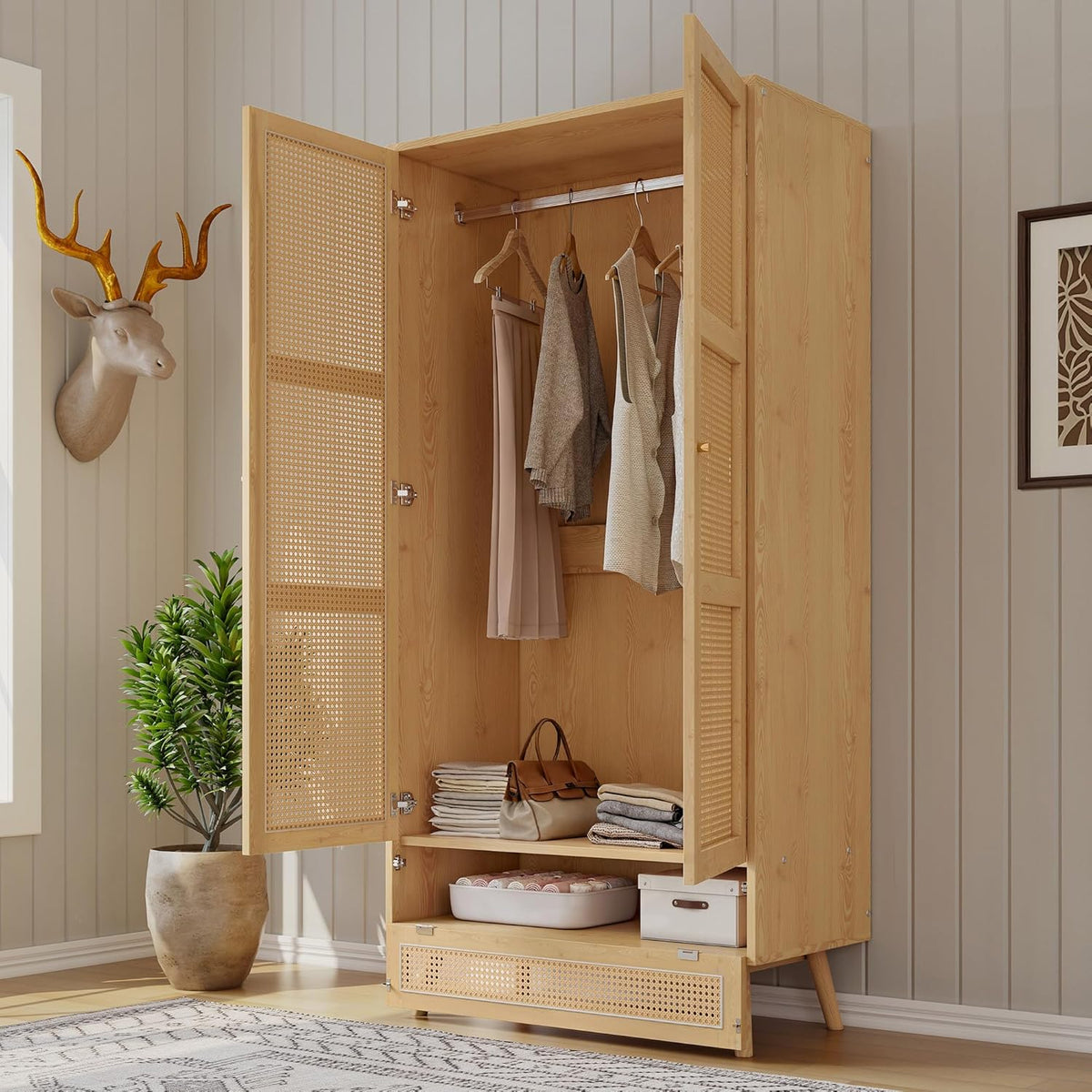 Armario Kebnor con barra, armario de 2 puertas, dormitorio, red de ratán, sala de estar, con tapa abatible inferior, aglomerado + ratán de polietileno, natural