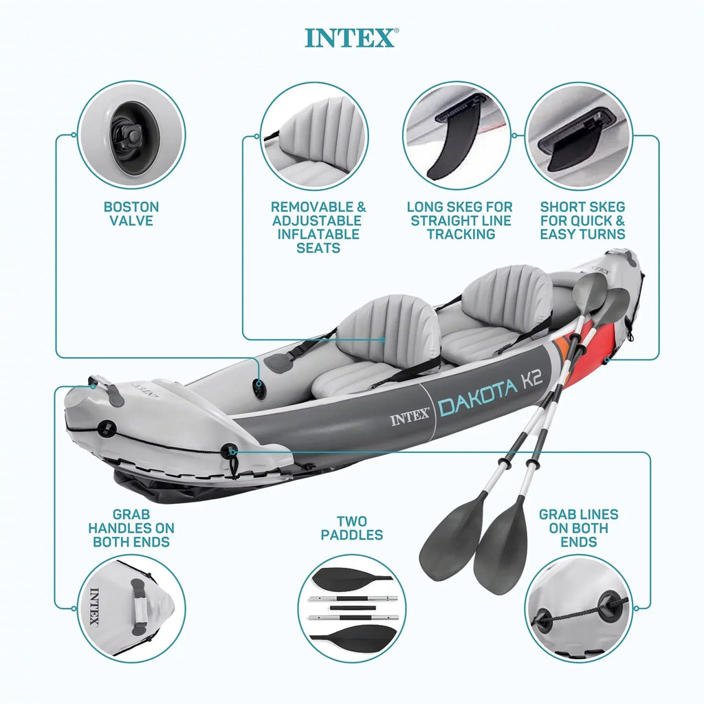 Kayak inflable de vinilo para 2 personas Intex Dakota K2 2025, con remos y bomba – Caja abierta