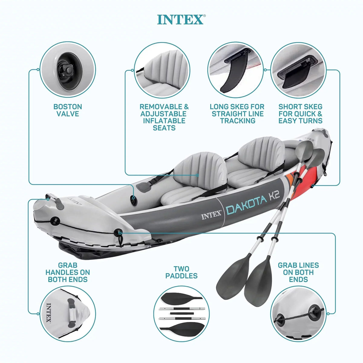 Kayak inflable de vinilo para 2 personas Intex Dakota K2 2025, con remos y bomba – Caja abierta