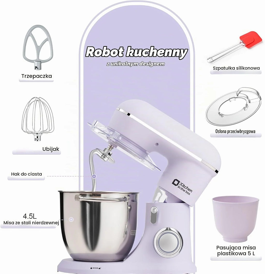 Kitchen in the box robot kuchenny, 4,5 L i 5 L maszyna do ugniatania ciasta, mikser ciasta z 10+P prędkościami z hakiem do zagniatania, mieszadłem i trzepaczką, 1300 W, fioletowy