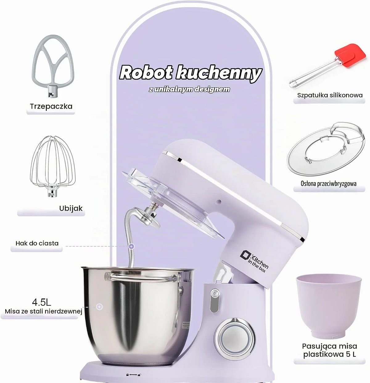 Kitchen in the box robot kuchenny, 4,5 L i 5 L maszyna do ugniatania ciasta, mikser ciasta z 10+P prędkościami z hakiem do zagniatania, mieszadłem i trzepaczką, 1300 W, fioletowy