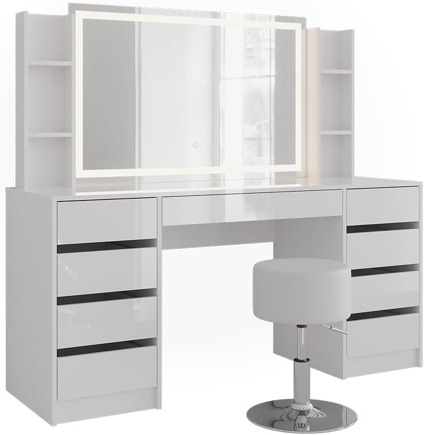 Tocador Vicco Sherry, blanco/blanco alto brillo, 158,2 cm, 5 piezas, con iluminación LED y taburete acolchado
