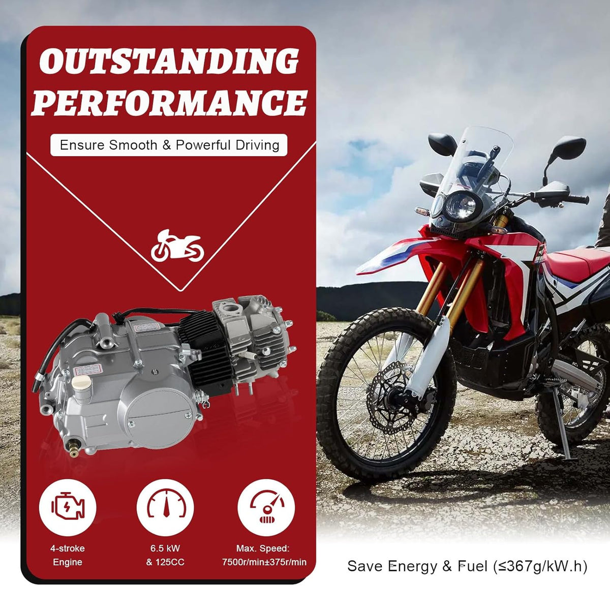 Motor de 4 tiempos CRF50 125CC para Dirt Bike Pitbike, motor monocilíndrico con refrigeración por aire y embrague manual para motocicletas Dirt Bike con arranque a pedal (Kick Start).