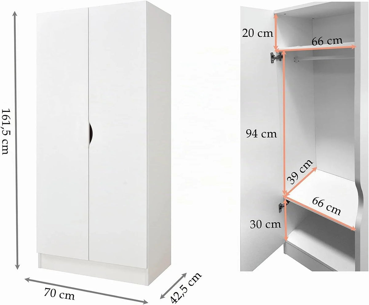 Leomark Biała Drewniana Szafa Dwudrzwiowa z Półkami, 70 x 42,5 x 161,5 cm