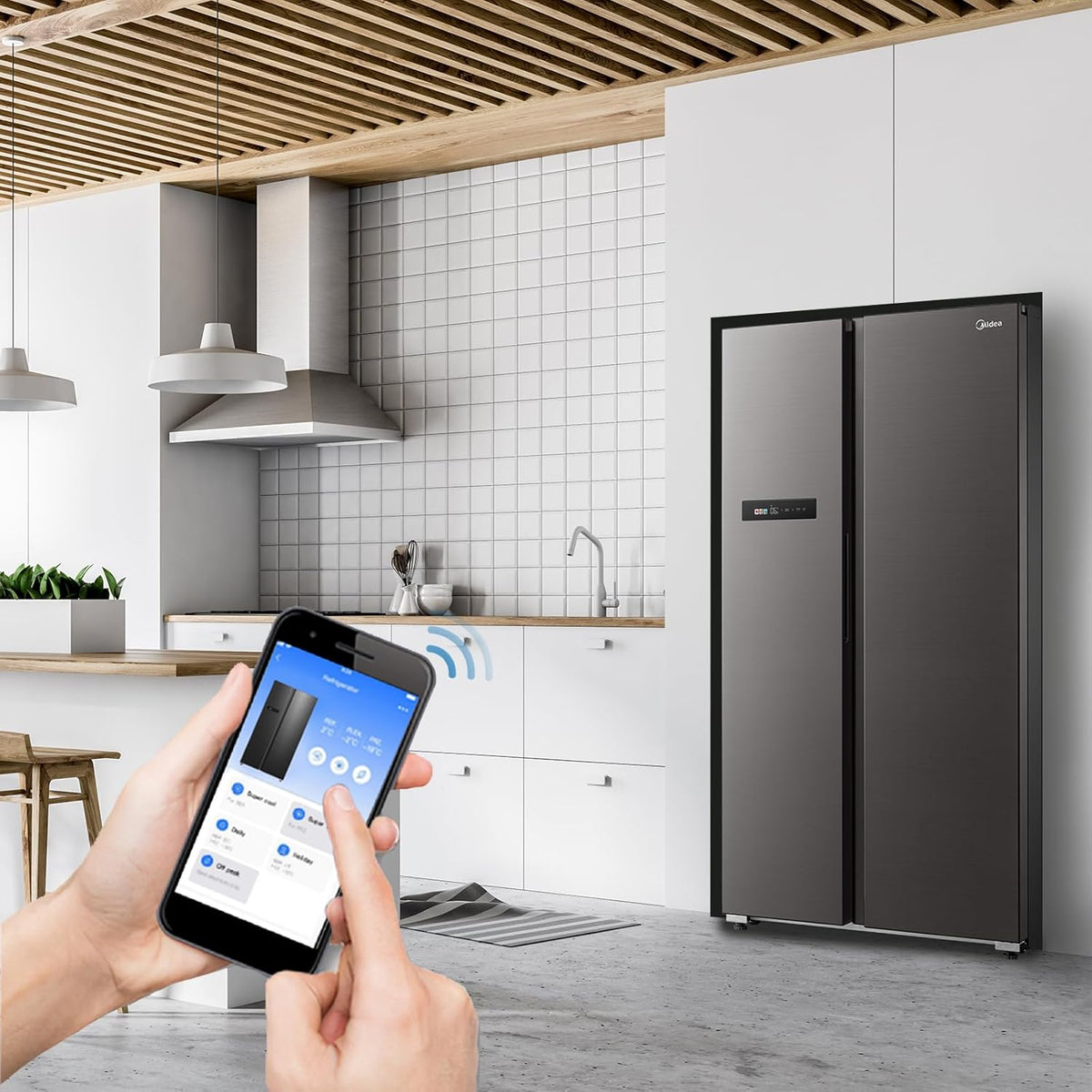 Midea KS-DDX 6.32 WT Frigorífico americano / 178,8 cm de altura / 254 kWh/año / No Frost / Compresor Dual Inverter / con dispensador de agua/hielo 3 en 1 y depósito de agua, Dark Inox