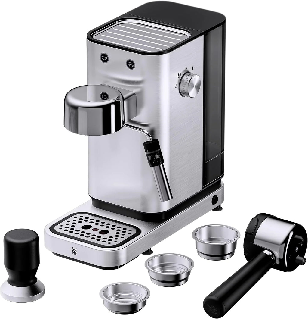 WMF Lumero ekspres do kawy z sitkiem, 1400 W, 3 wkładki, na 1-2 filiżanki espresso, również do saszetek, 15 bar, powierzchnia do odstawiania filiżanek, dysza do spieniania mleka, stal nierdzewna