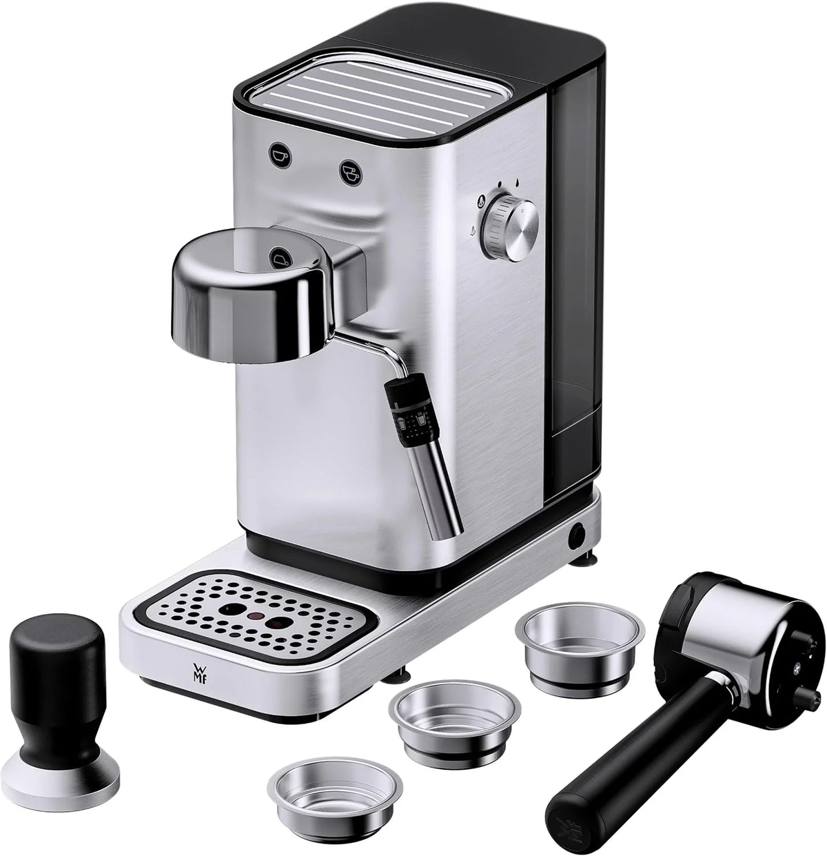 WMF Lumero ekspres do kawy z sitkiem, 1400 W, 3 wkładki, na 1-2 filiżanki espresso, również do saszetek, 15 bar, powierzchnia do odstawiania filiżanek, dysza do spieniania mleka, stal nierdzewna