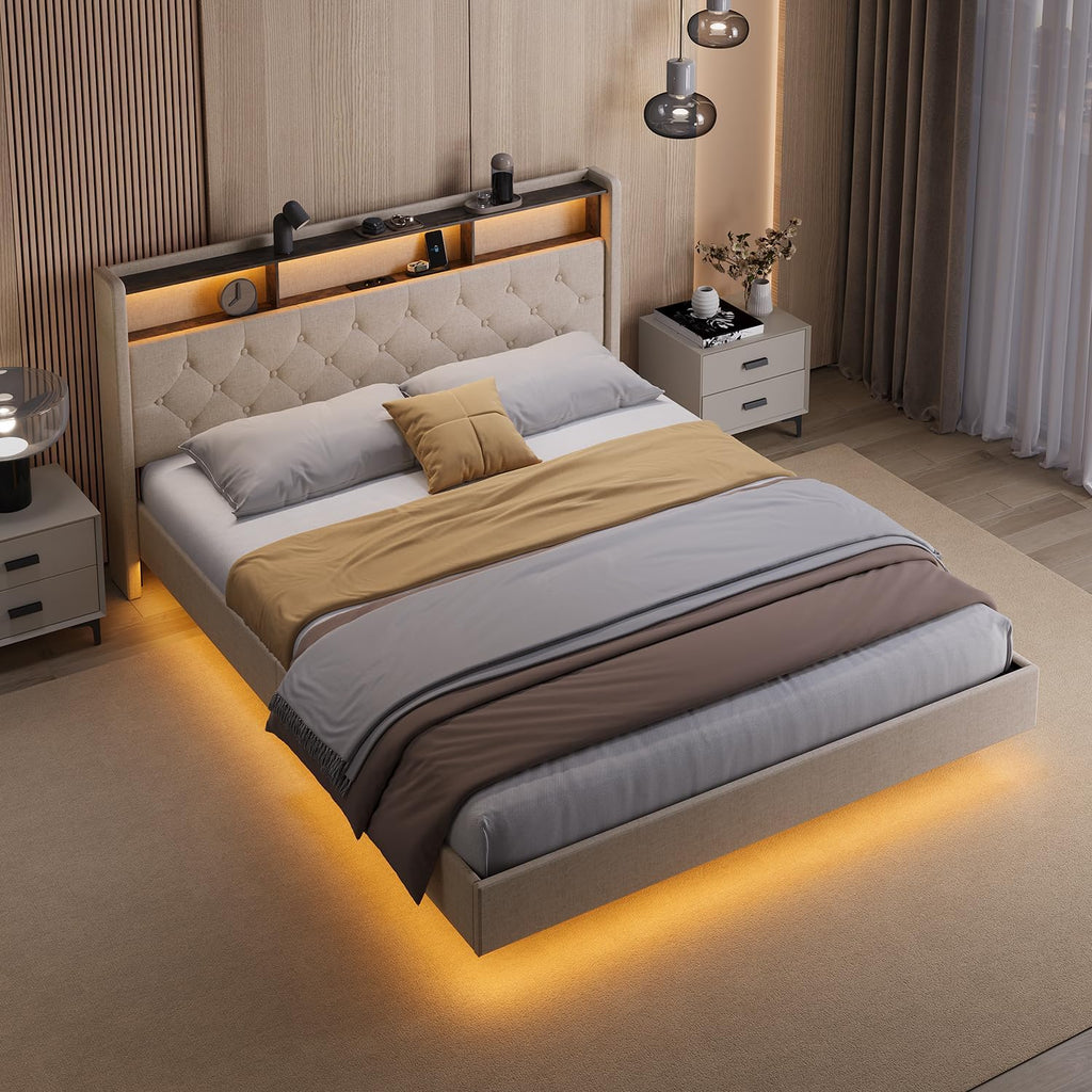 Xbro Łóżko tapicerowane 160 x 200 cm z oświetleniem LED i stacją ładującą (USB/gniazdko), pływający wygląd, tapicerowany zagłówek ze schowkiem, stelaż listewkowy, beżowe (bez materaca)