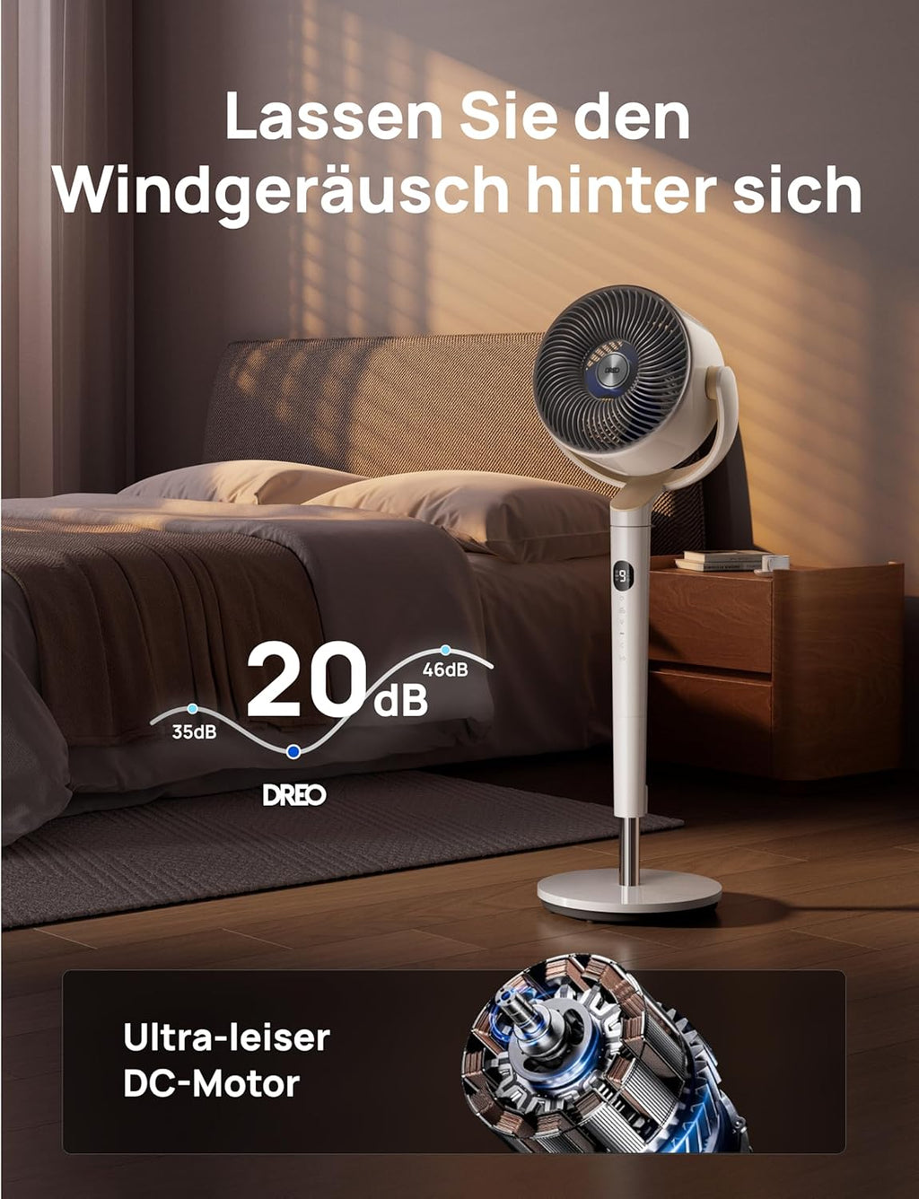 Ventilador de pie inteligente Dreo con luz RGB, oscilación de 120° + 120° con control remoto, ventilador de suelo silencioso de 20 dB para dormitorio, temporizador de 8 horas, plateado