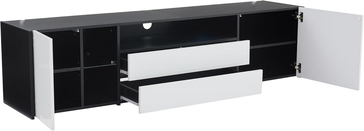 Mueble de TV Merax con LED, mueble para televisión de alto brillo con 2 puertas y 2 cajones, soporte para televisores de hasta 75 pulgadas, mueble bajo para salón, dormitorio, comedor, 180 cm, blanco y negro