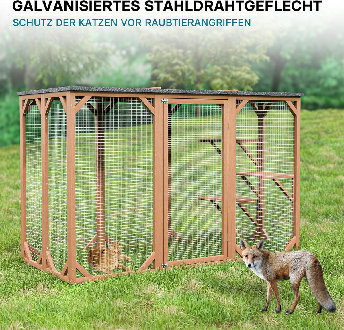 Recinto exterior para gatos Wiltec 168 x 82 x 166,5 cm con 6 superficies de descanso, recinto para gatos resistente a la intemperie para jardín, caseta para gatos con malla de alambre y techo de betún