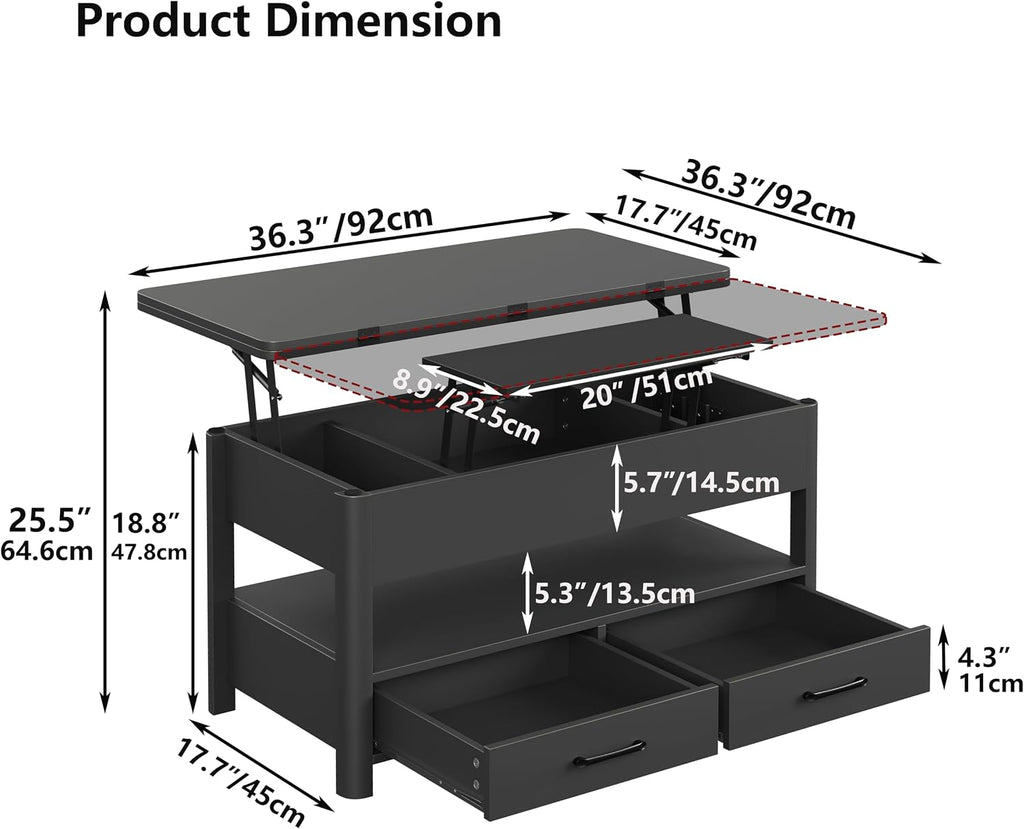 Mesa de centro elevable Furnihold con cajones y compartimento secreto, mesa de salón convertible en mesa de comedor, negro