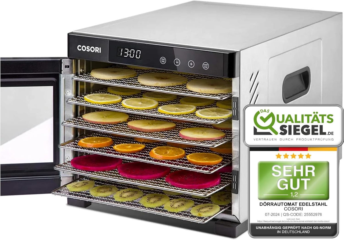 Deshidratador de alimentos COSORI de acero inoxidable, con 50 recetas, incluye 6 bandejas de acero inoxidable, 3 rejillas de secado, 3 láminas para deshidratar, gran superficie de 0,6 m², temporizador de 48 horas, pantalla LED (35°-75°C) y 650 W
