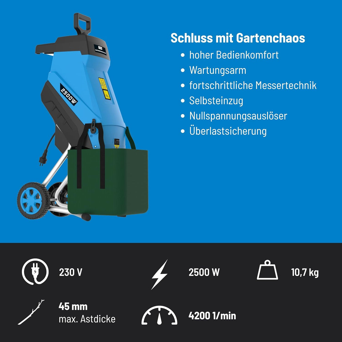 Trituradora de jardín Güde GH 2501 (2500 W, técnica de cuchillas, bajo mantenimiento, autoalimentación, ruedas de transporte, protección contra sobrecarga, grosor máx. de rama 45 mm, incl. bolsa de recogida de 45 L y empujador)